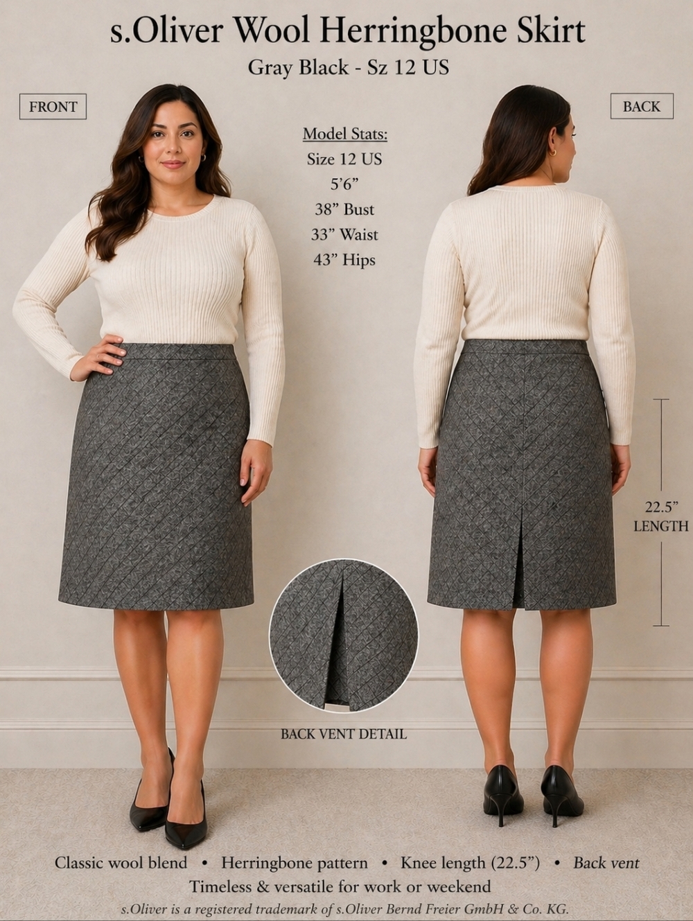 s.Oliver Wool Midi Herringbone Skirt Gray Black - Sz 12 US